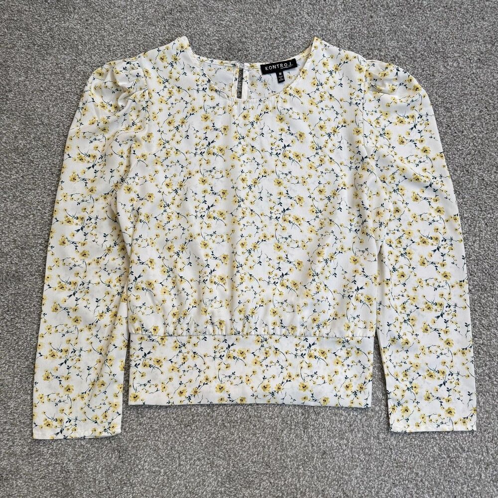 Kontrol Blouse Womens Medium White Yellow Floral Puff Sleeve Spring Officewear